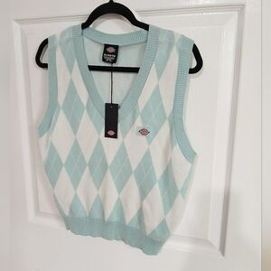Dickies Juniors Argyle Sweater Vest Mint White  Preppy Knit Pullover XL ACADEMIA